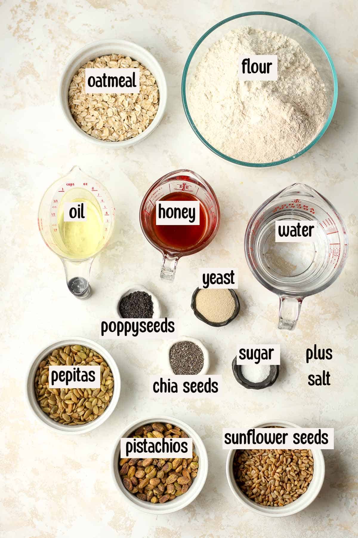 Labeled ingredients for the multigrain bread recipe.