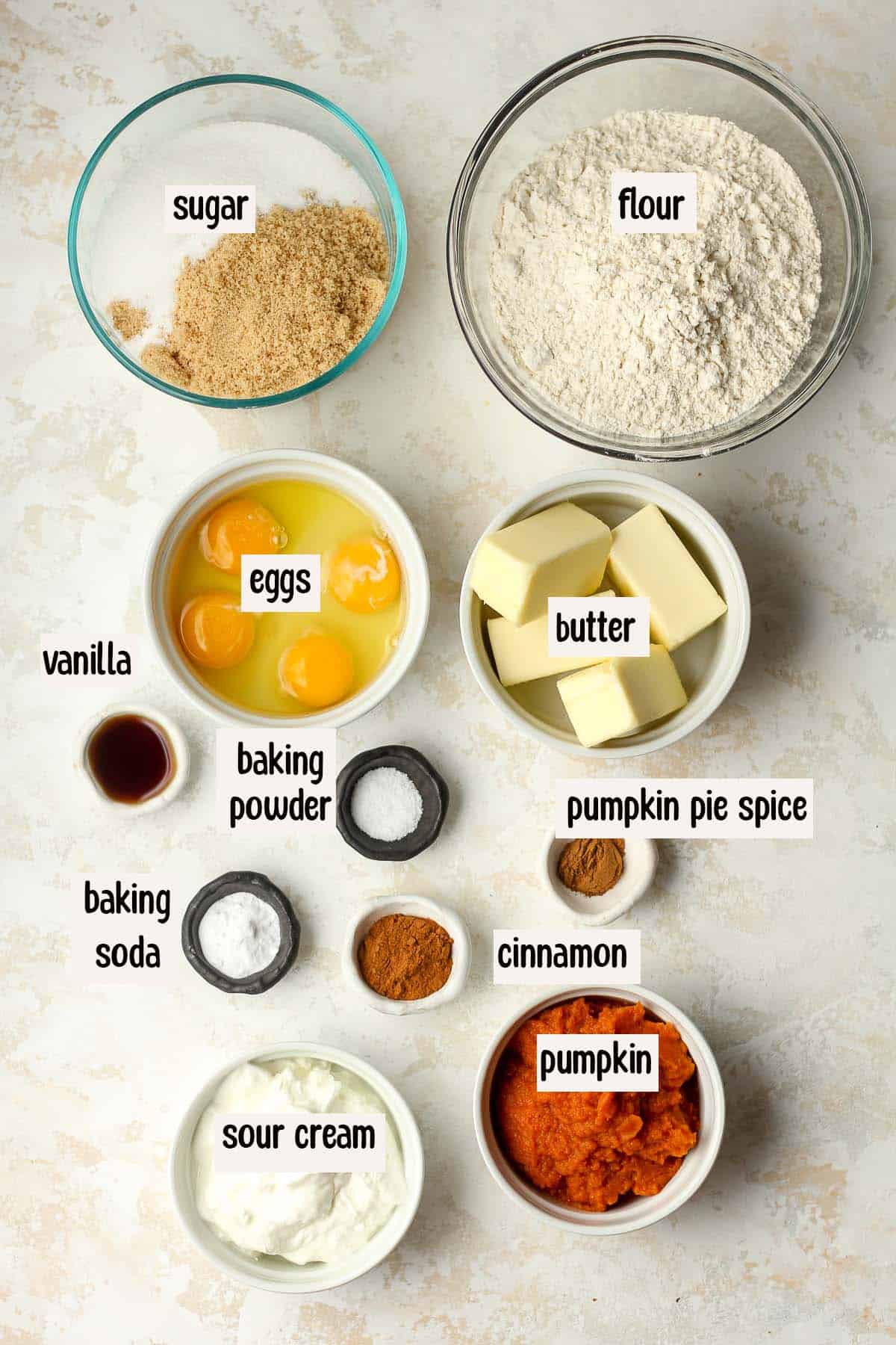 The pumpkin cake batter ingredients, labeled.