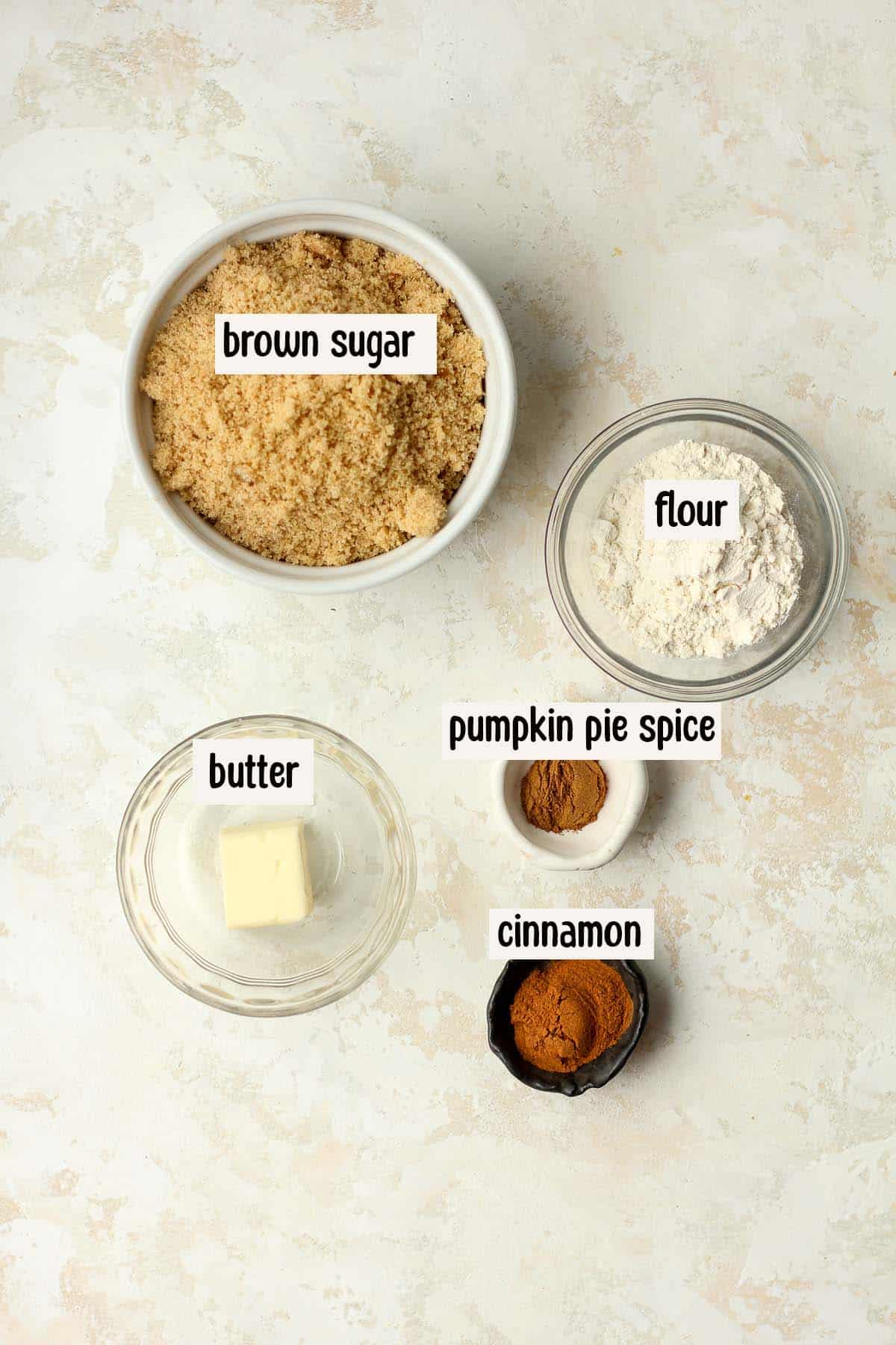 The pumpkin streusel ingredients, labeled.