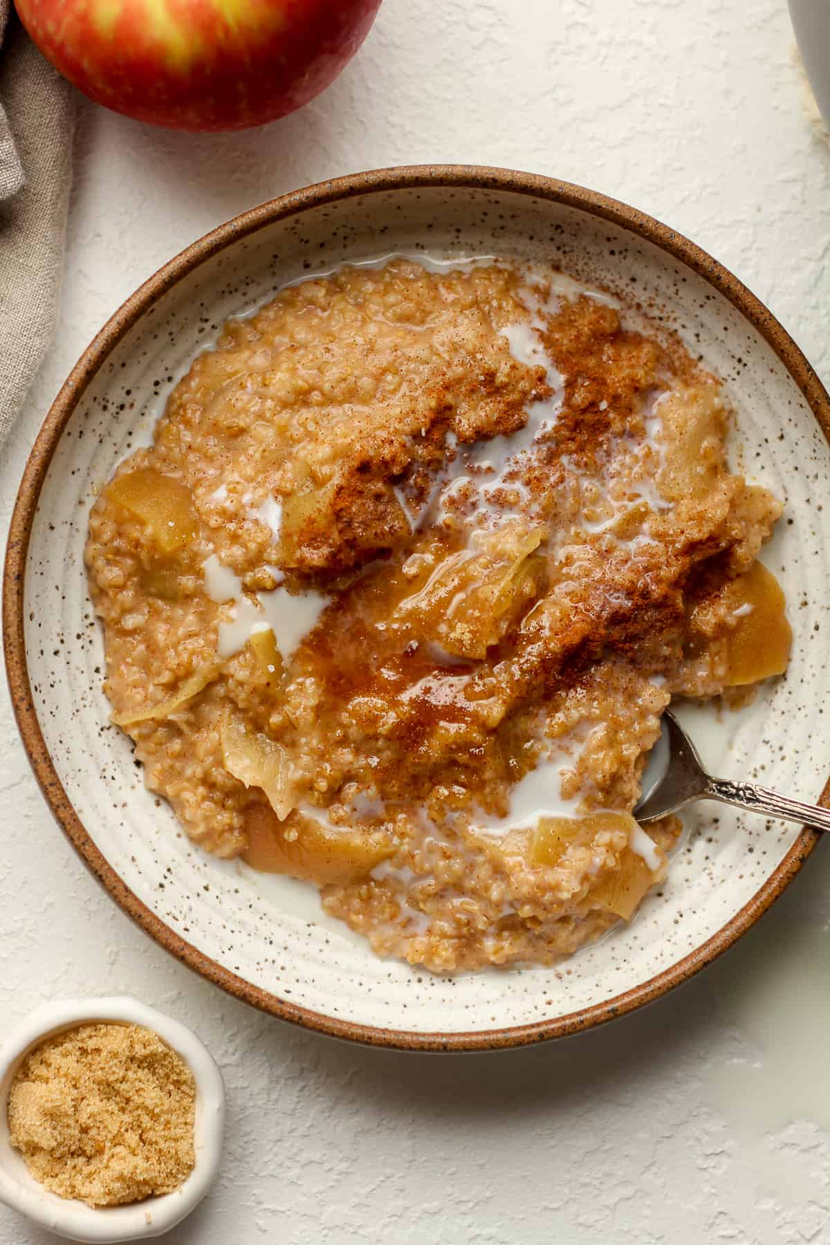 A bowl of steak cut oats with apples and cinnamon.