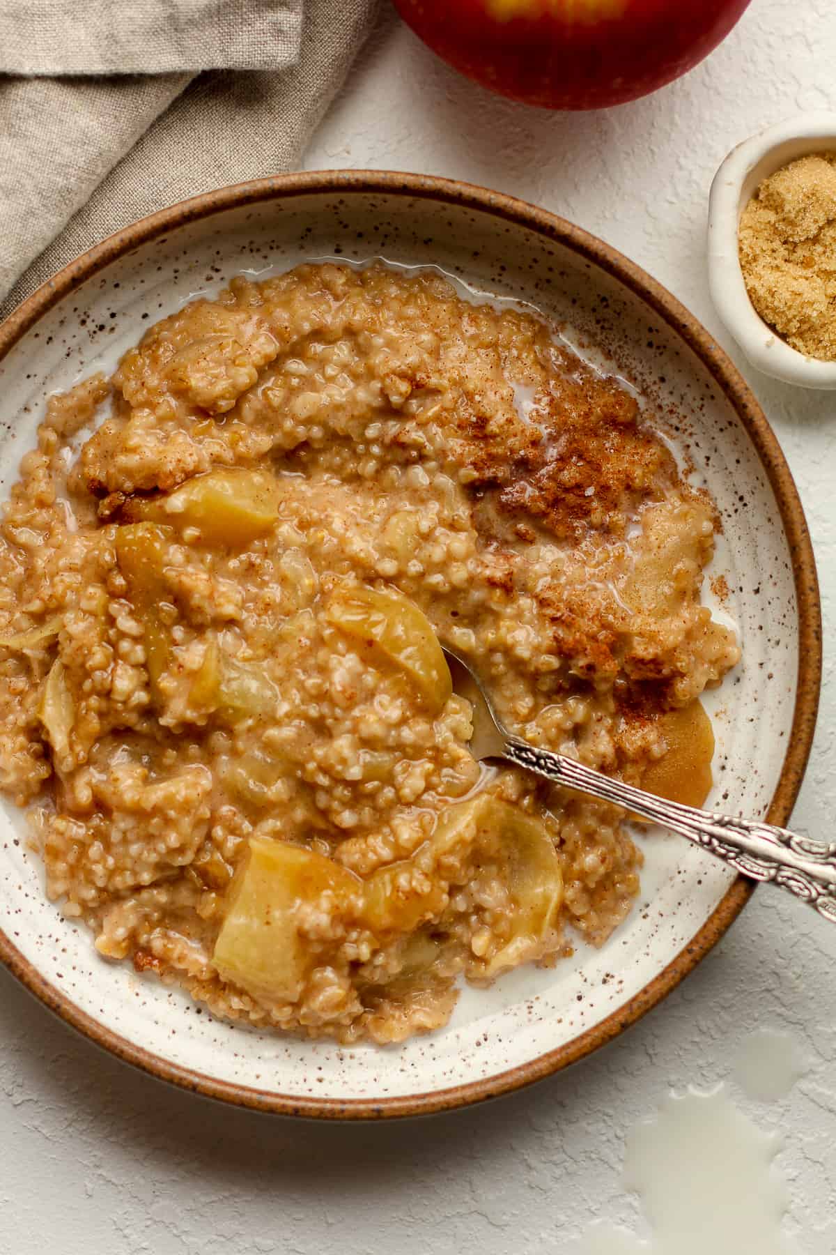 Closeup on a bowl of creamy steak cut oats with apples.
