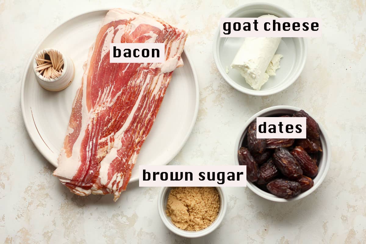 The ingredients for the bacon wrapped dates, labeled in bowls.