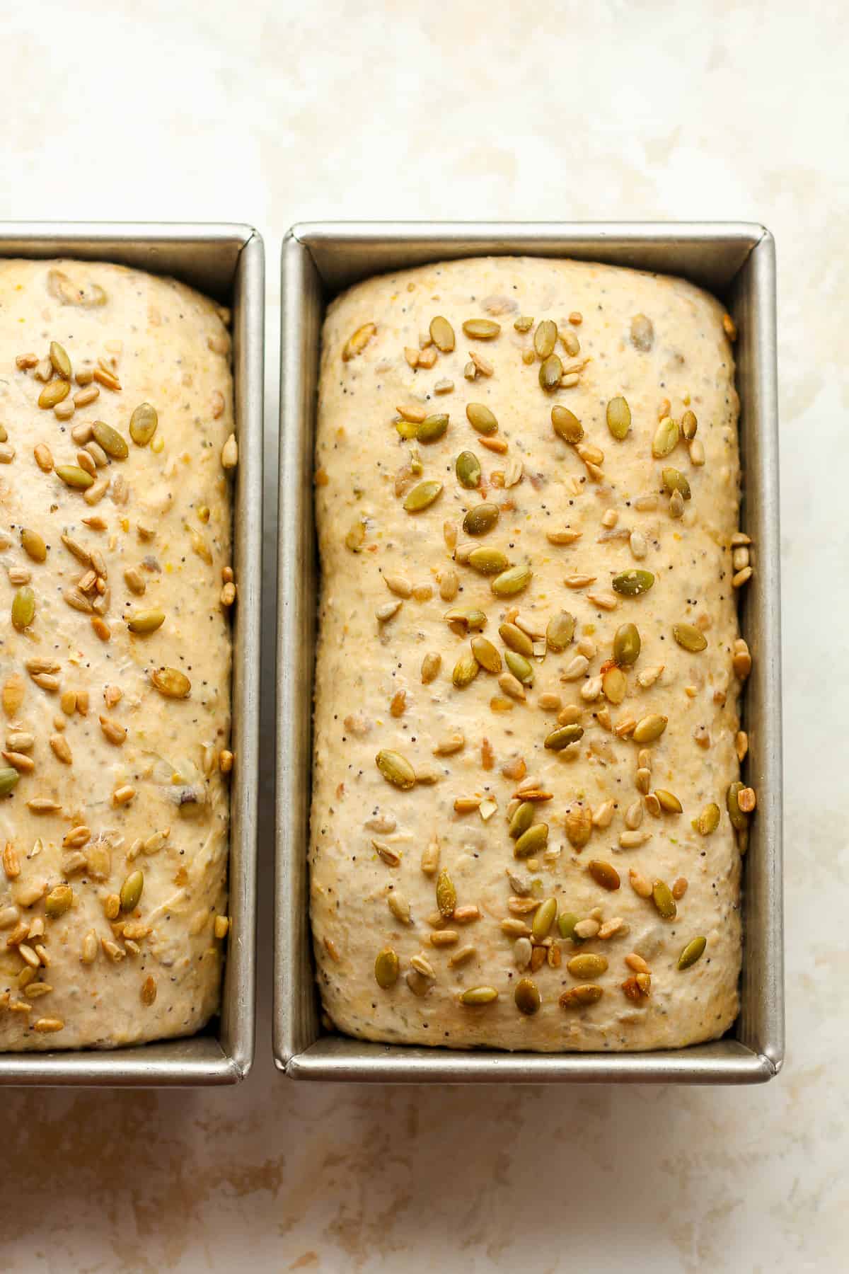 Two pans of multigrain bread dough with nuts on top,