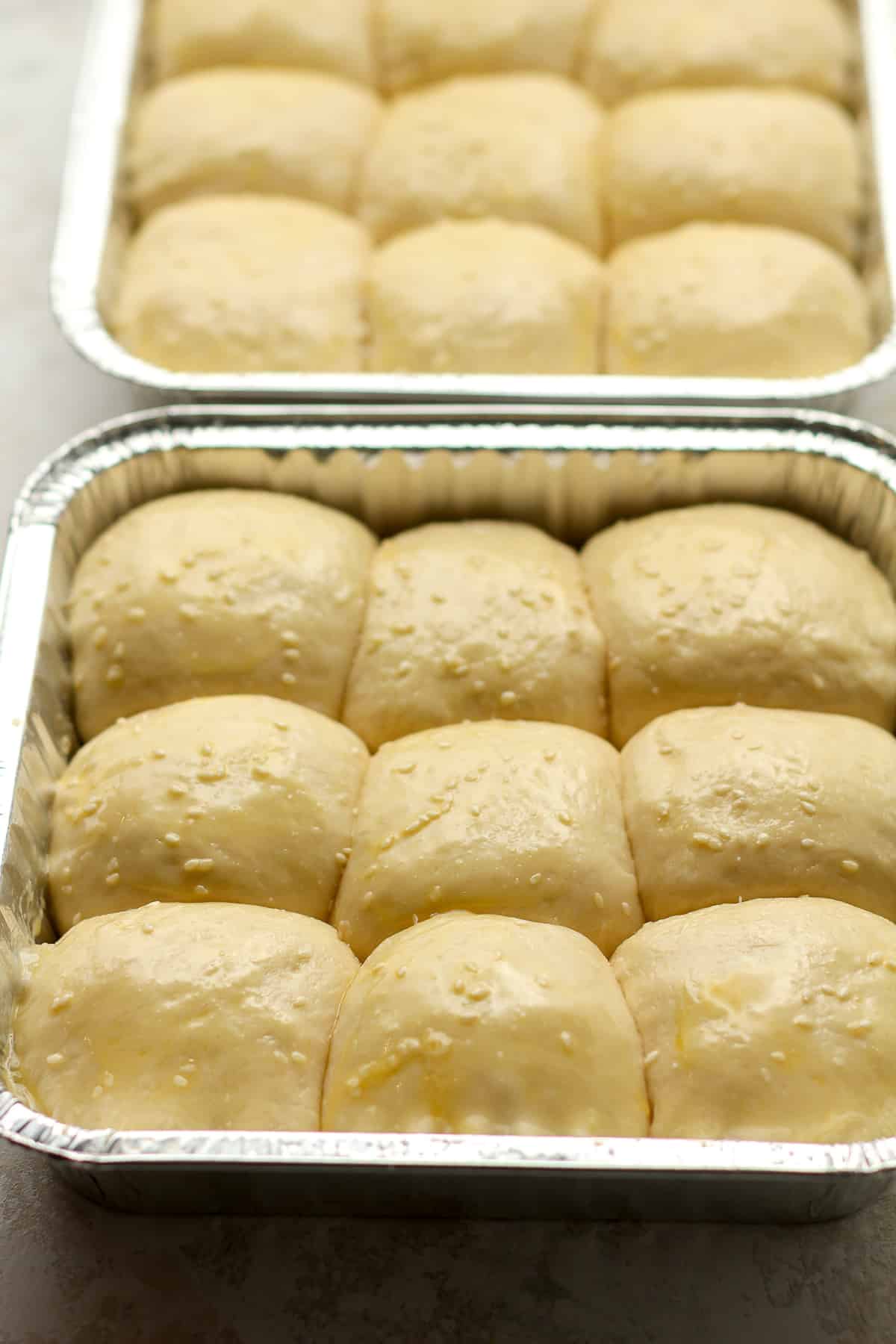 Side view of two pans of raised dinner rolls.