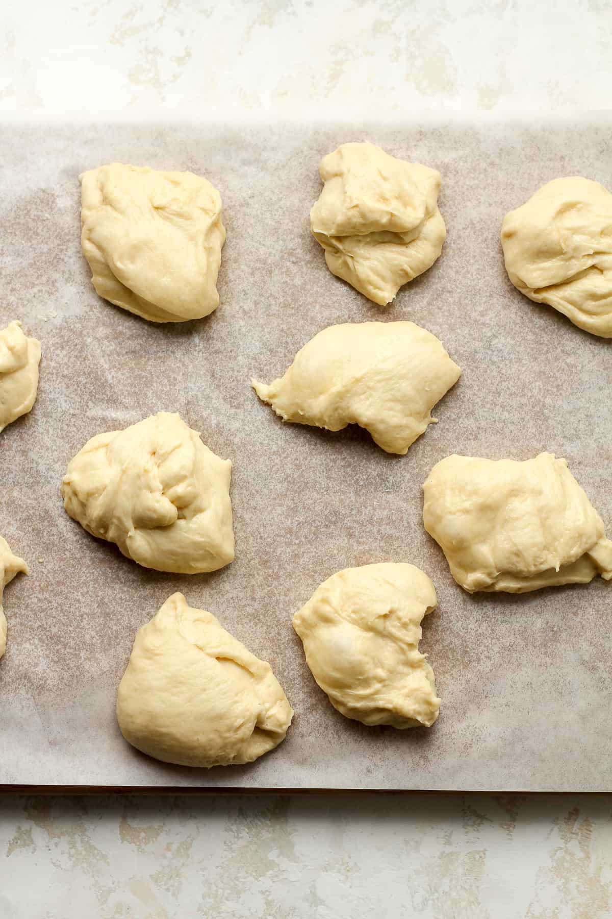A bunch of the dinner roll dough after dividing.