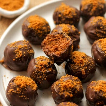 A plate of chocolate covered gingerbread truffles.