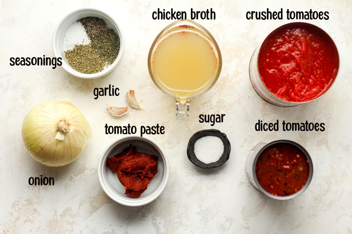 The ingredients for the homemade marinara sauce.