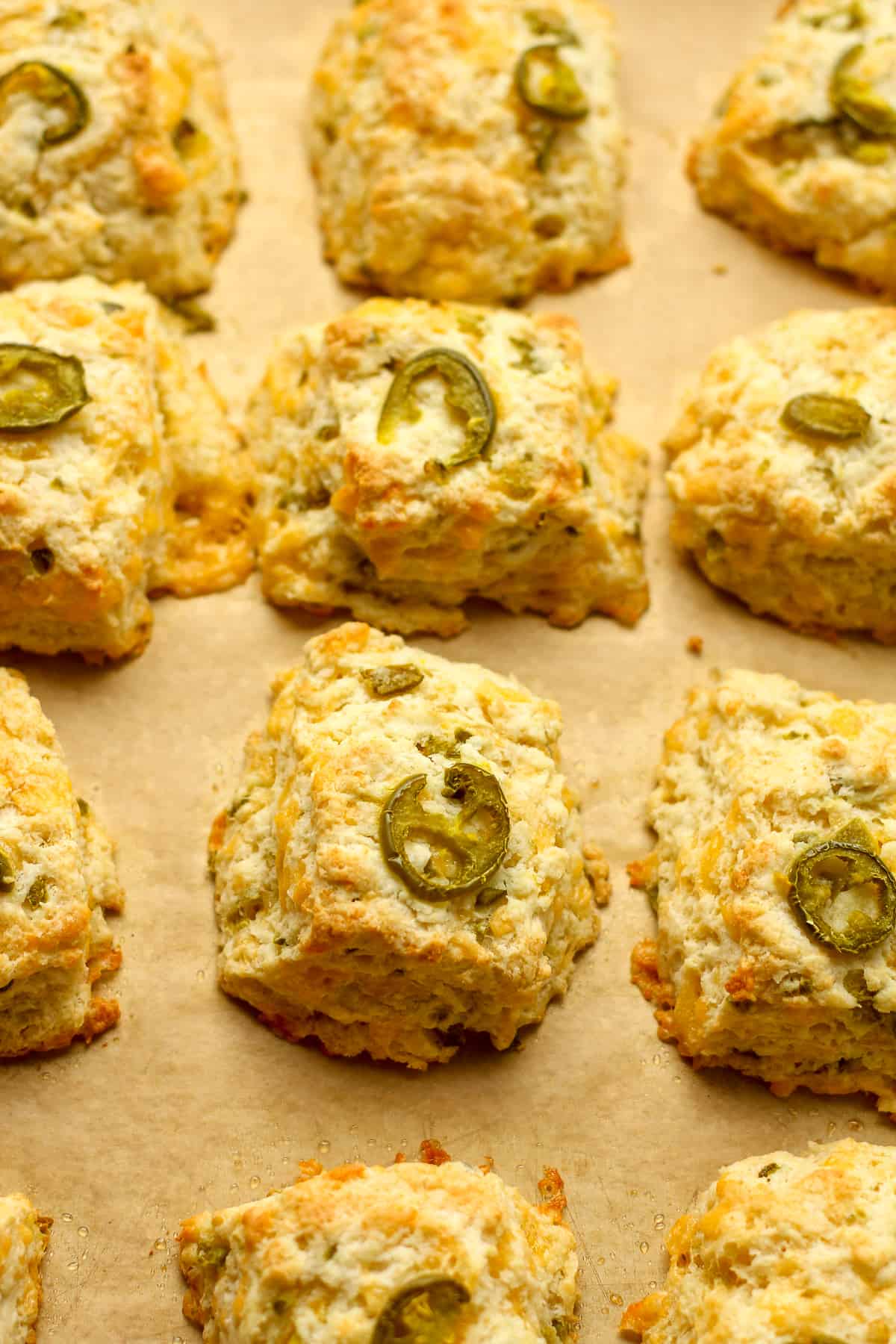 A pan of 12 jalapeno cheddar biscuits.