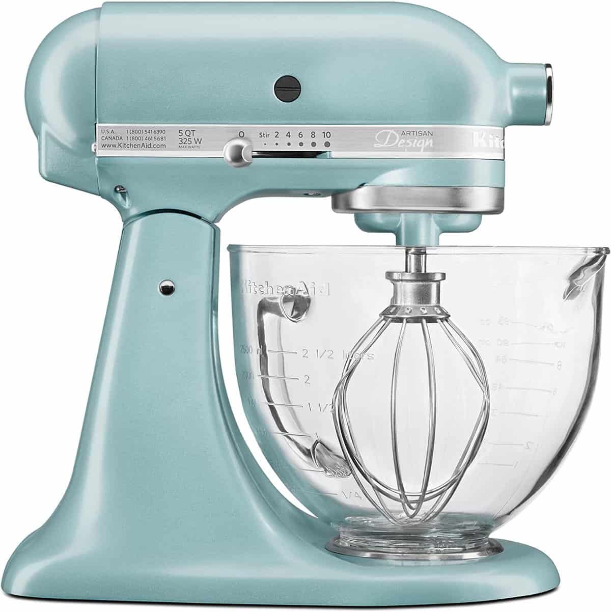 A Kitchenaid standing mixer with a glass bowl.