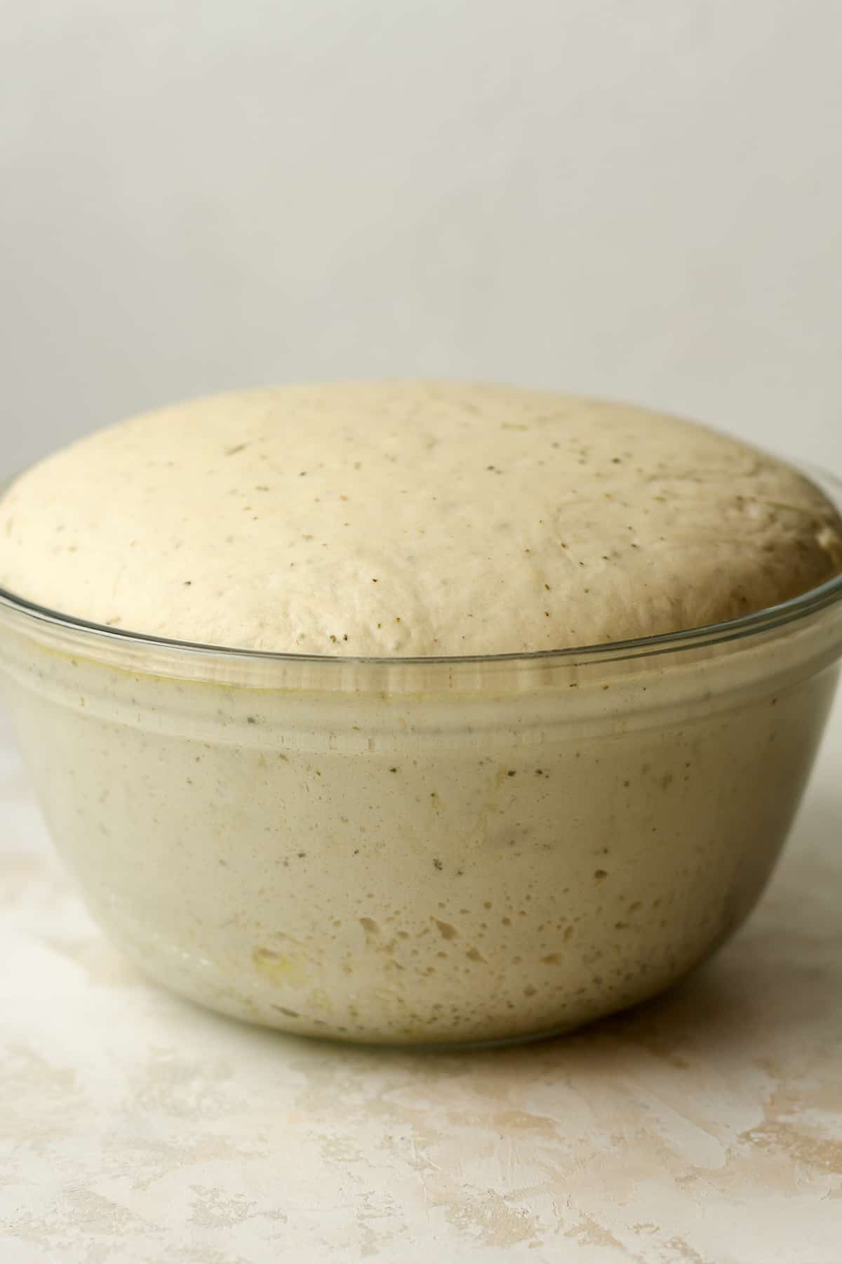 Side view of a bowl of the raised Italian bread dough.