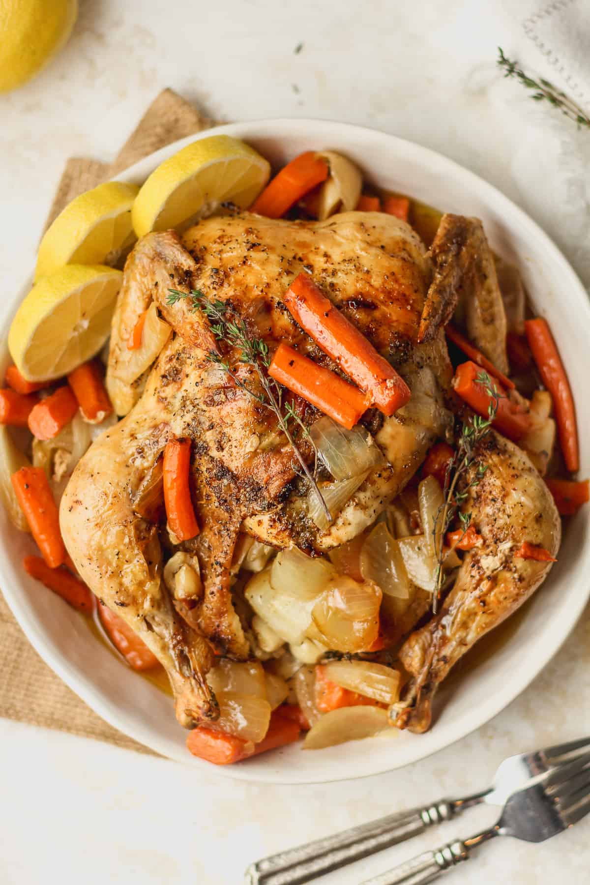 A dish with a whole roasted chicken with lemon.