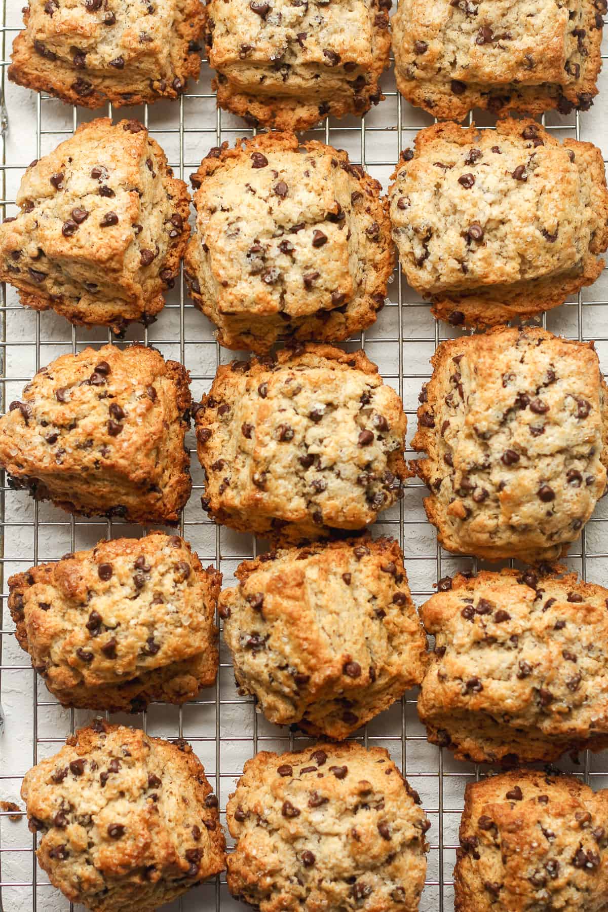A wire rack of mini chocolate chip scones.