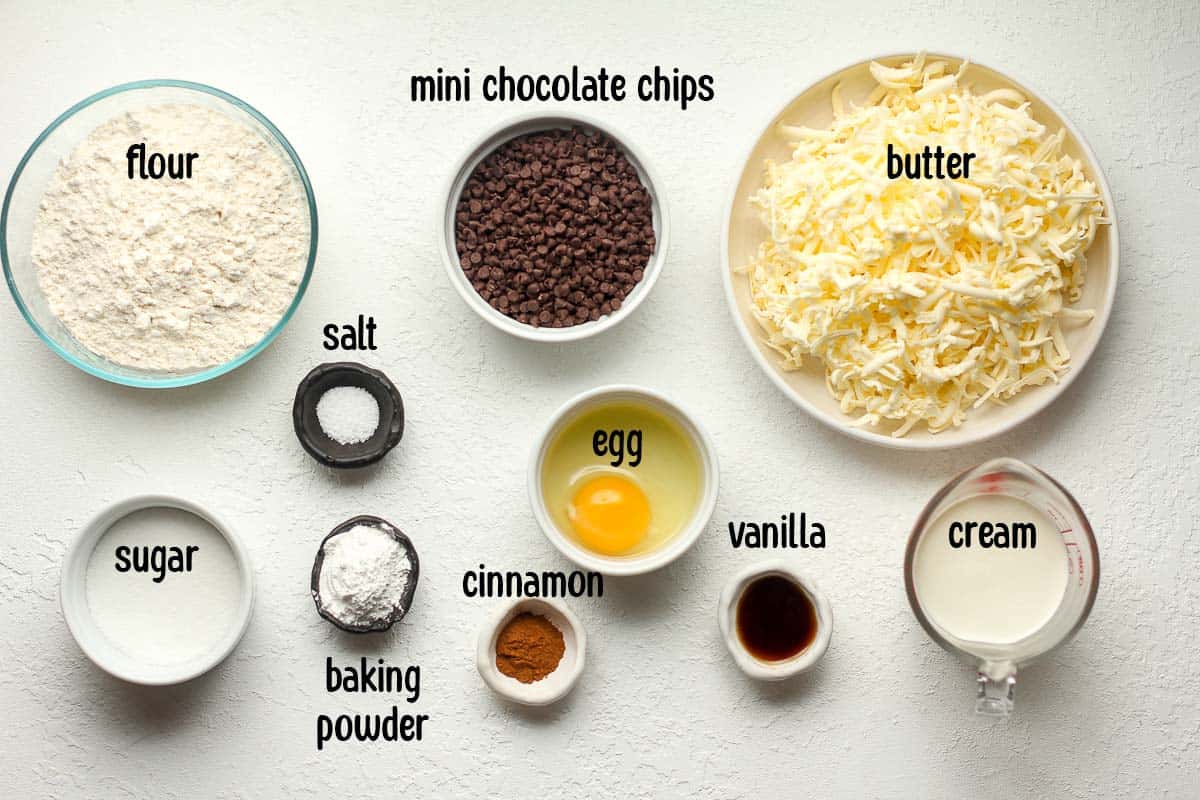 The labeled ingredients for the chocolate chip scones.