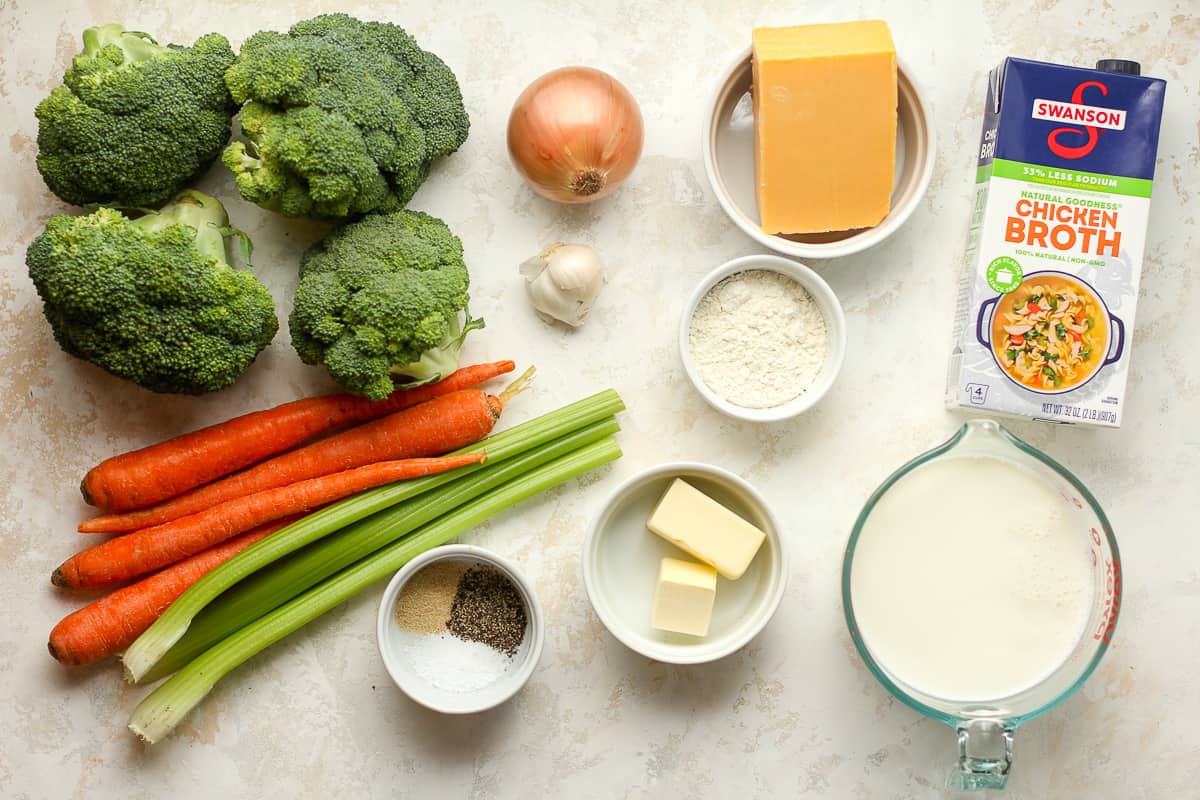 The ingredients for the cheddar broccoli soup.
