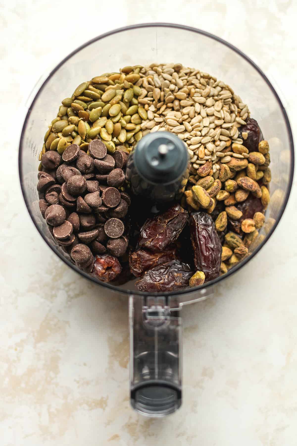 A food processor of the ingredients before processing.