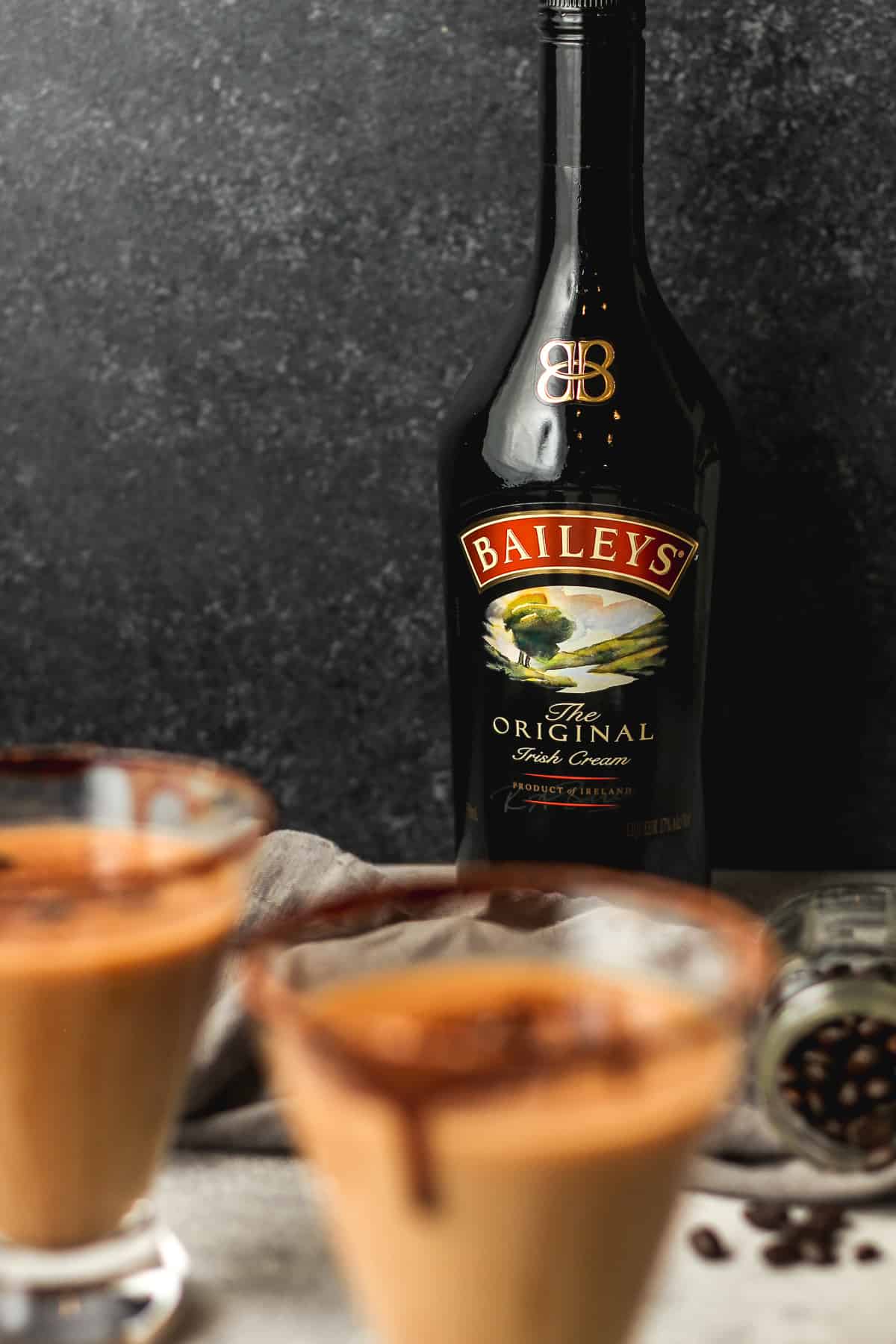 Side view of a bottle of Baileys in the background.