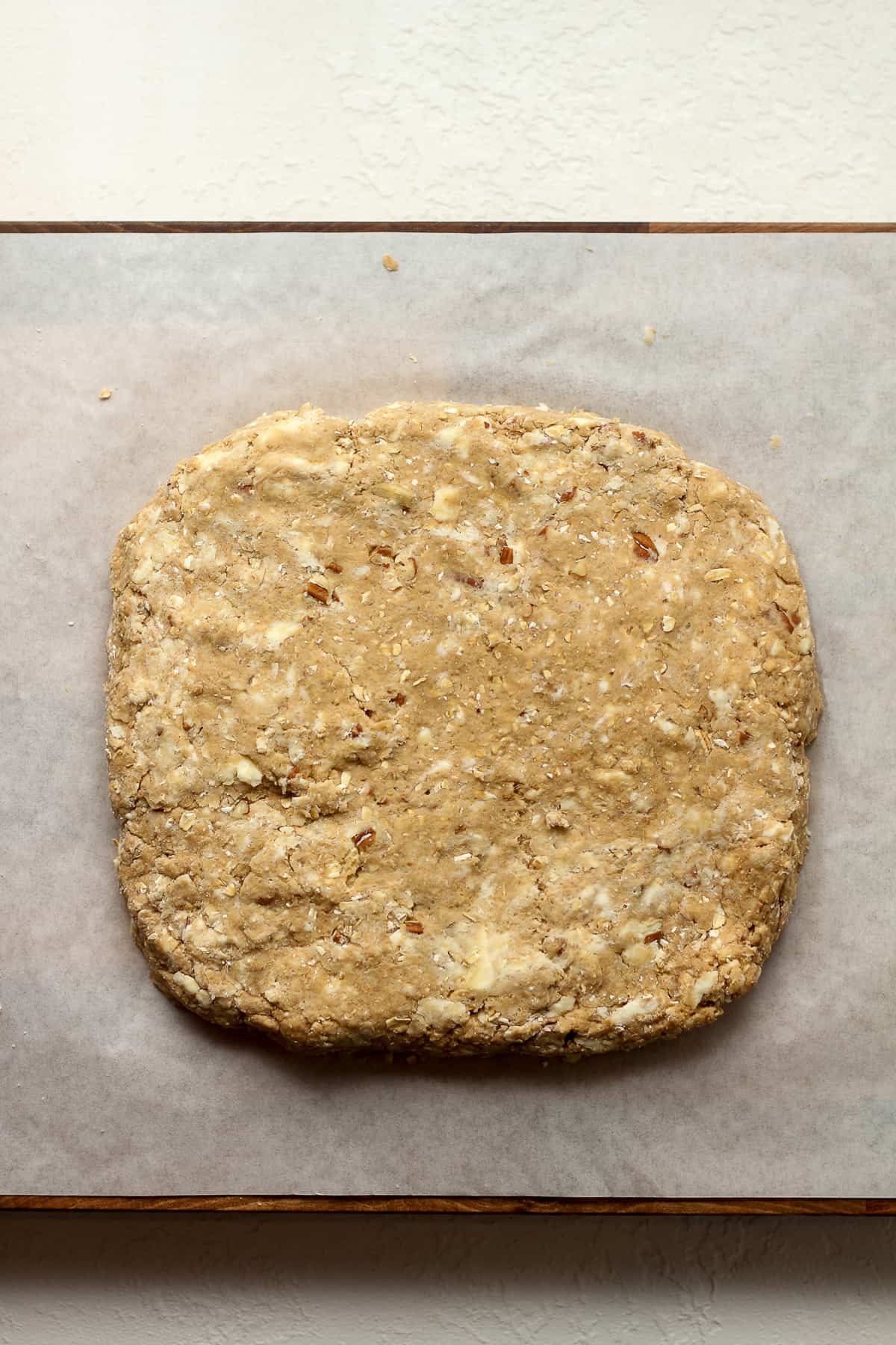 Overhead view of a square of scone dough.