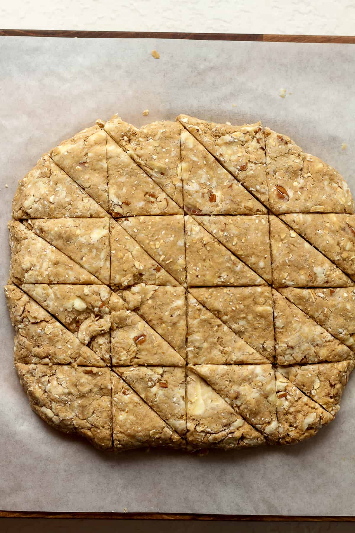 Closeup on some scone dough cut into triangles.