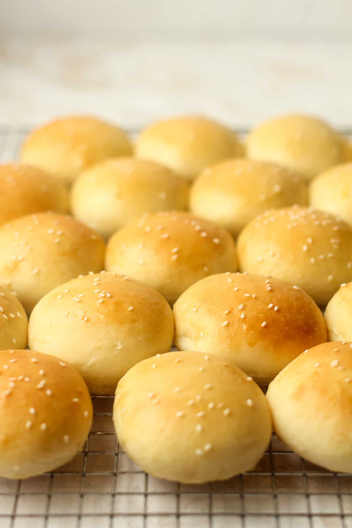 Side view of a bunch of mini brioche buns on wire racks.