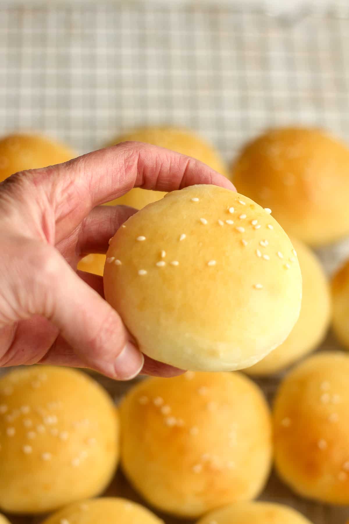 My hand holding a mini brioche bun.