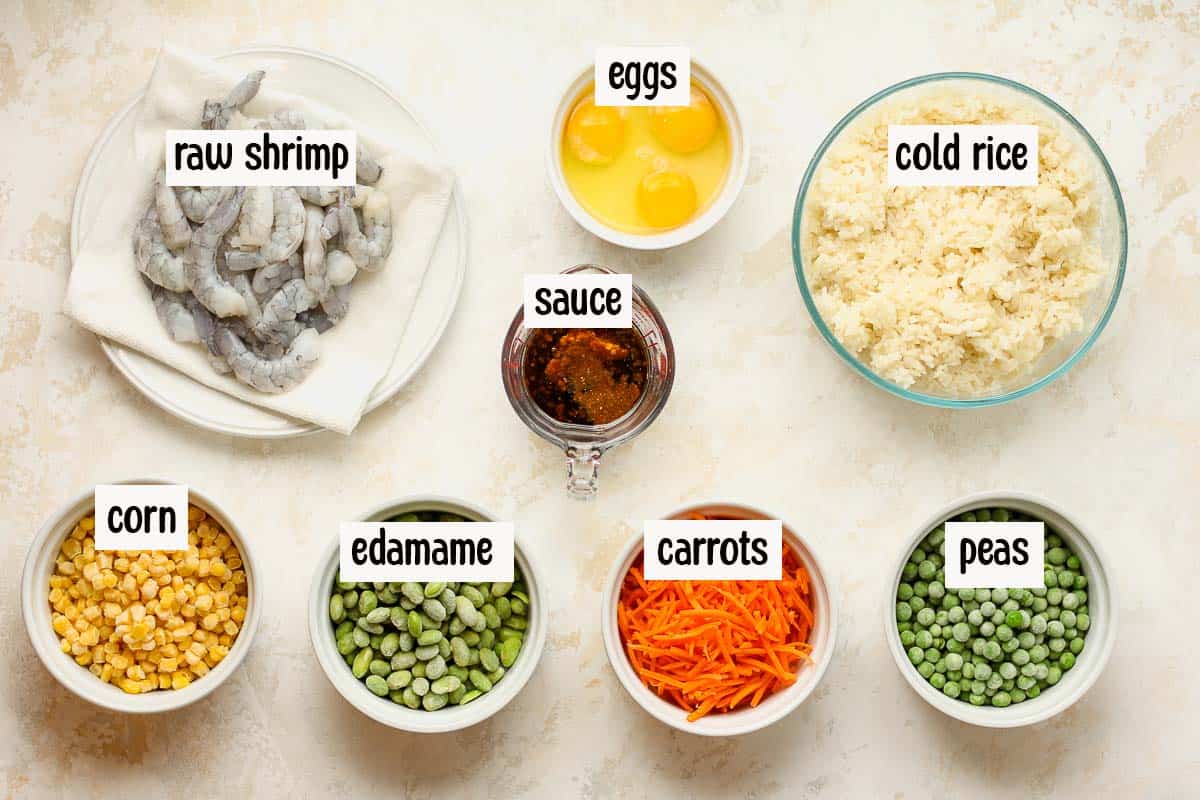 The ingredients for the shrimp fried rice.