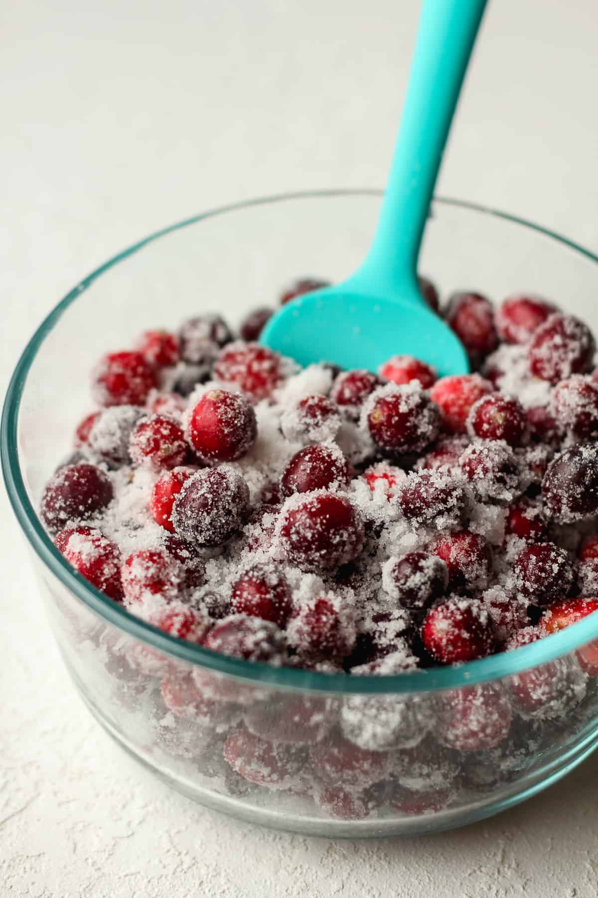 Side view of a bowl of sugared cranberries.