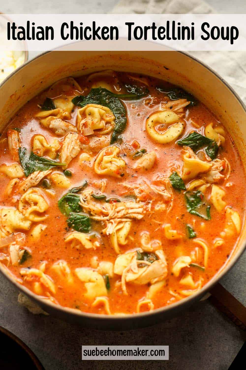 A pot of Italian Chicken Tortellini Soup with spinach.