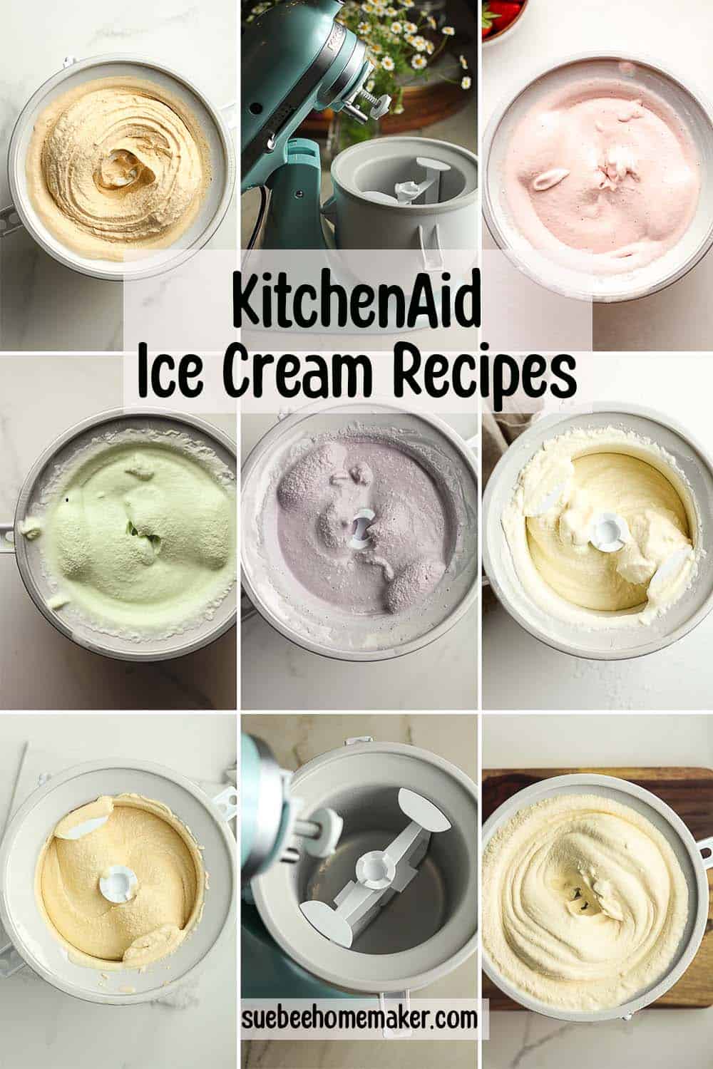 A collage of ice cream recipes using the KitchenAid Attachment.
