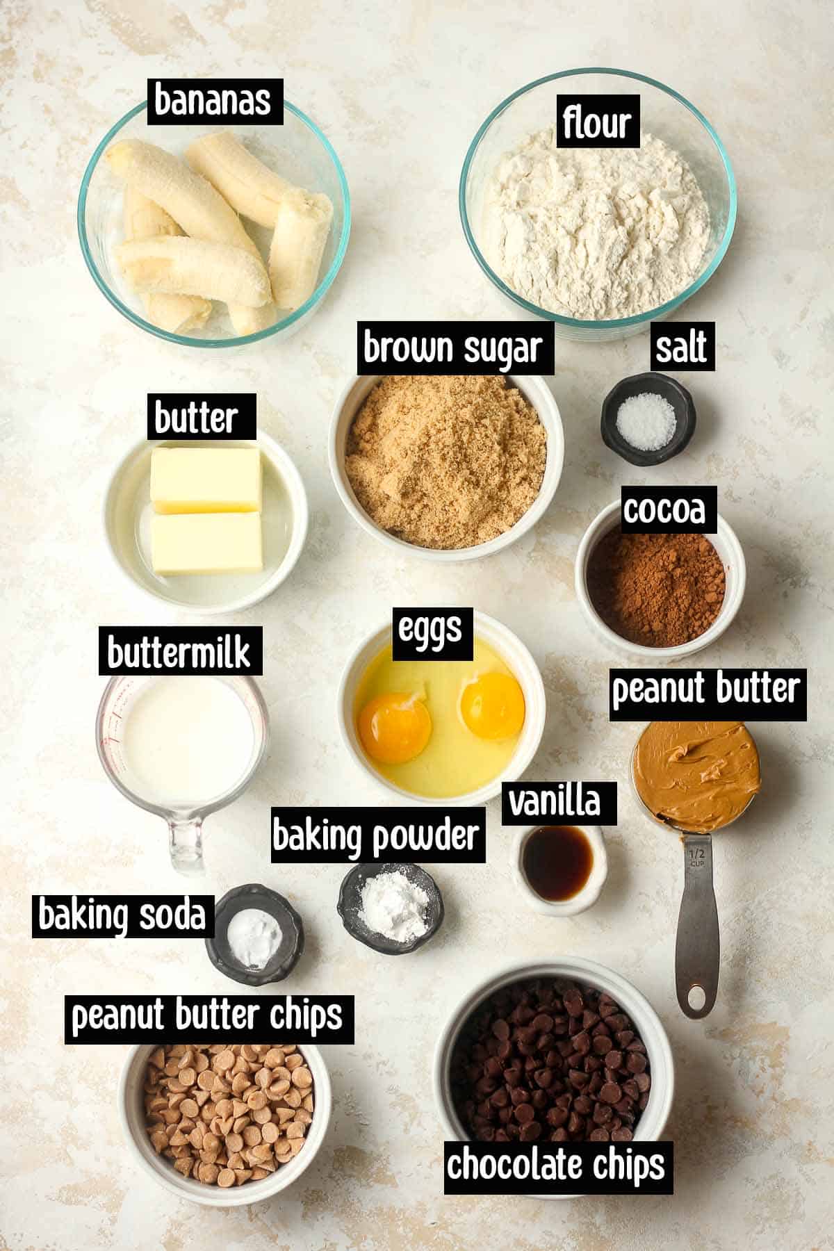 The ingredients for the muffins, with labels.