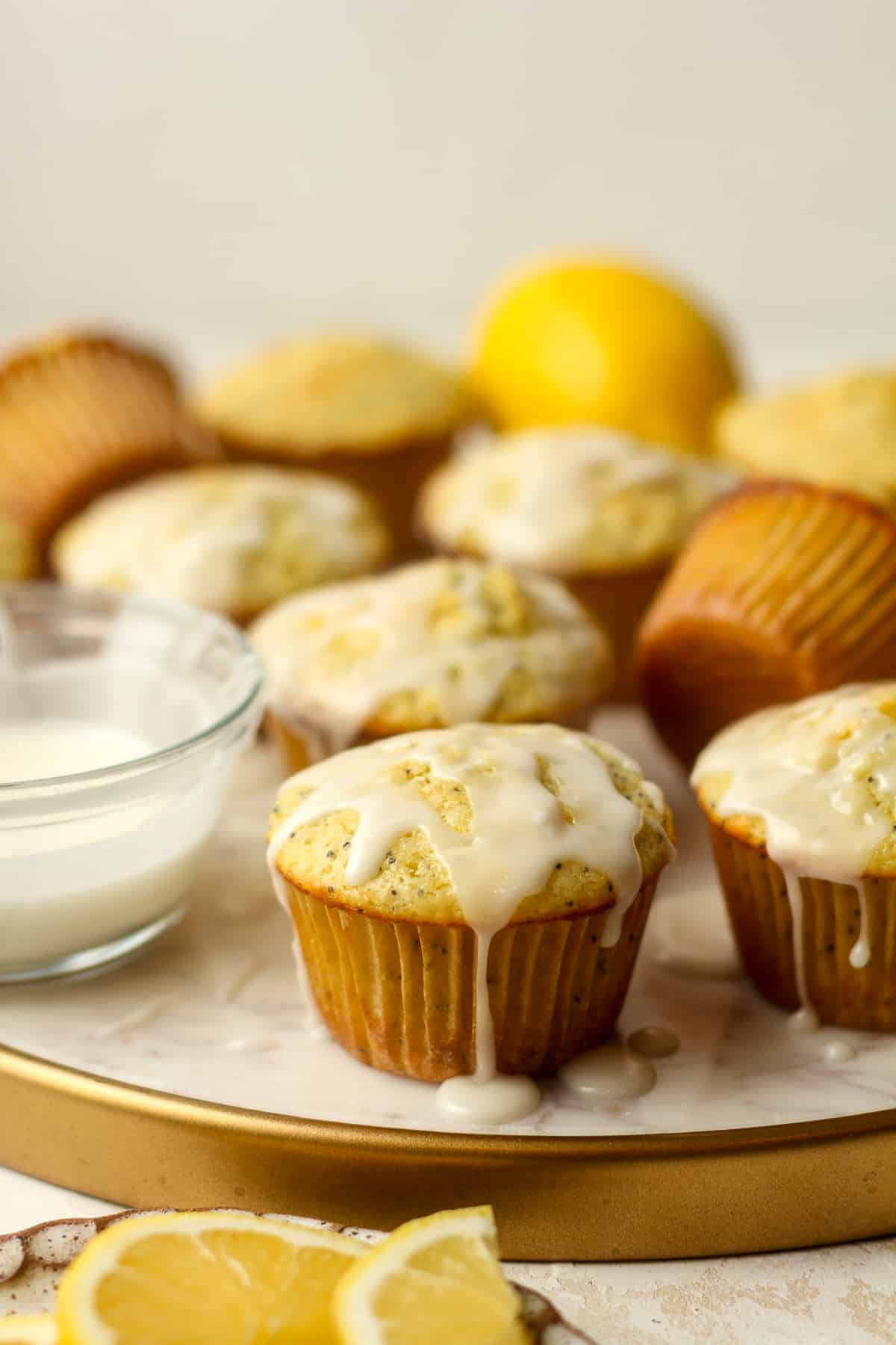 Side view of lemon poppy seed muffins.