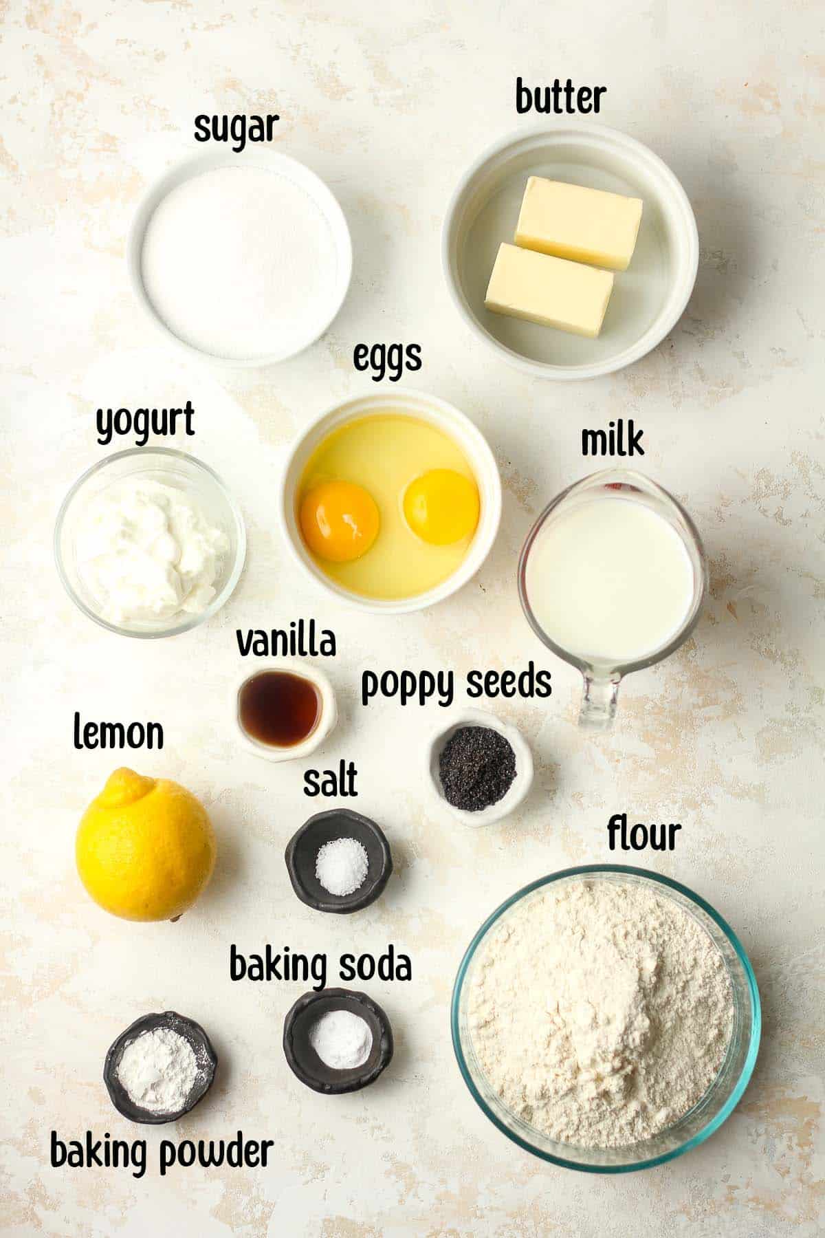 The ingredients for the lemon poppy seed muffins.