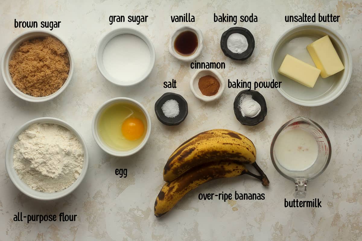The ingredients for the banana muffins, labeled.