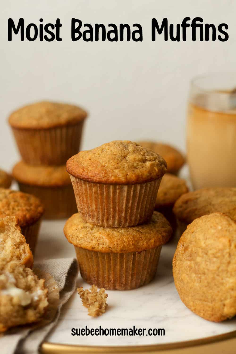 Side view of a tray of moist banana muffins.