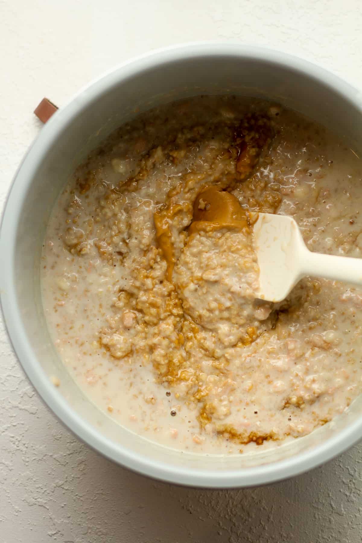 The instant pot steel cut oats with peanut butter swirled in.