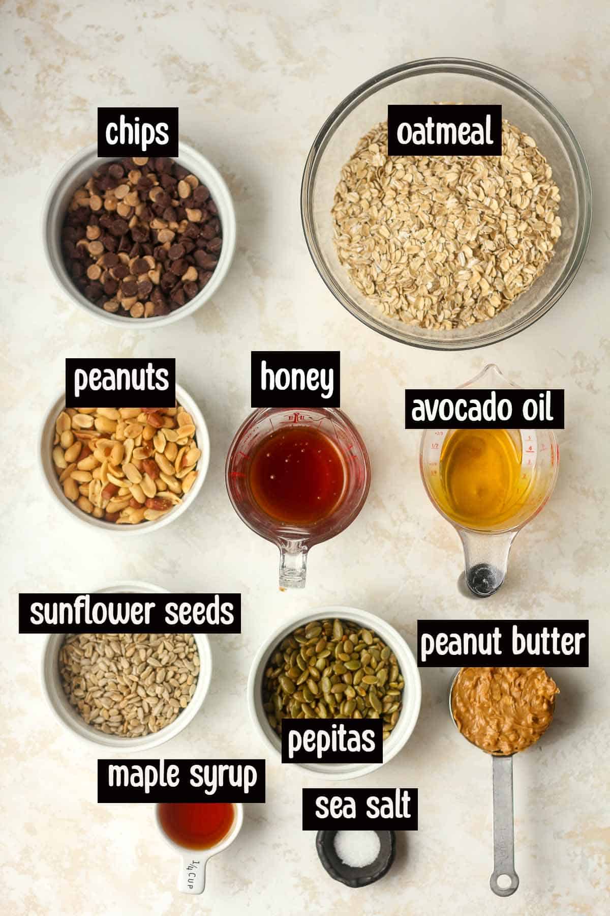 Ingredients for the peanut butter chocolate granola.