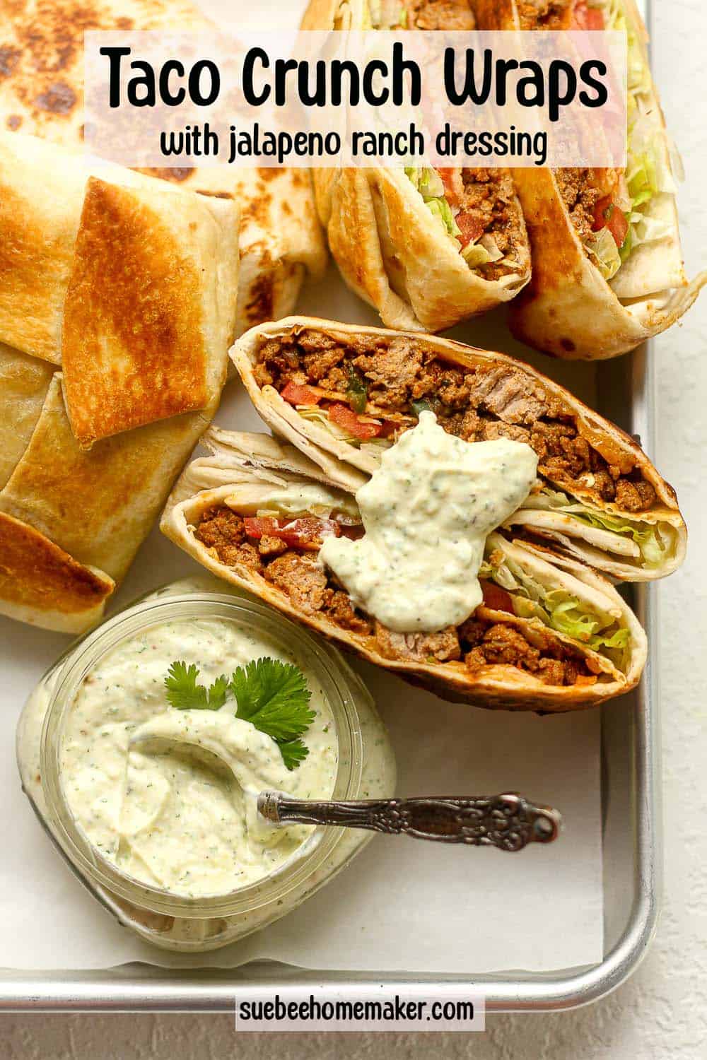 A tray of taco crunch wraps with jalapeno ranch.