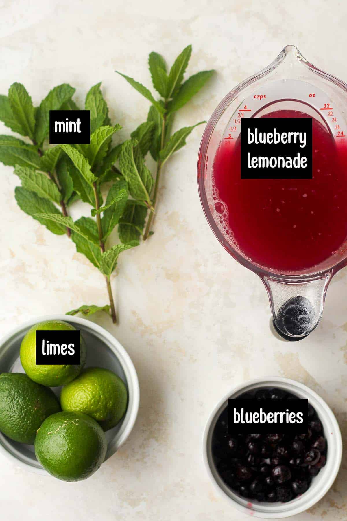 The labeled ingredients for blueberry mocktails.