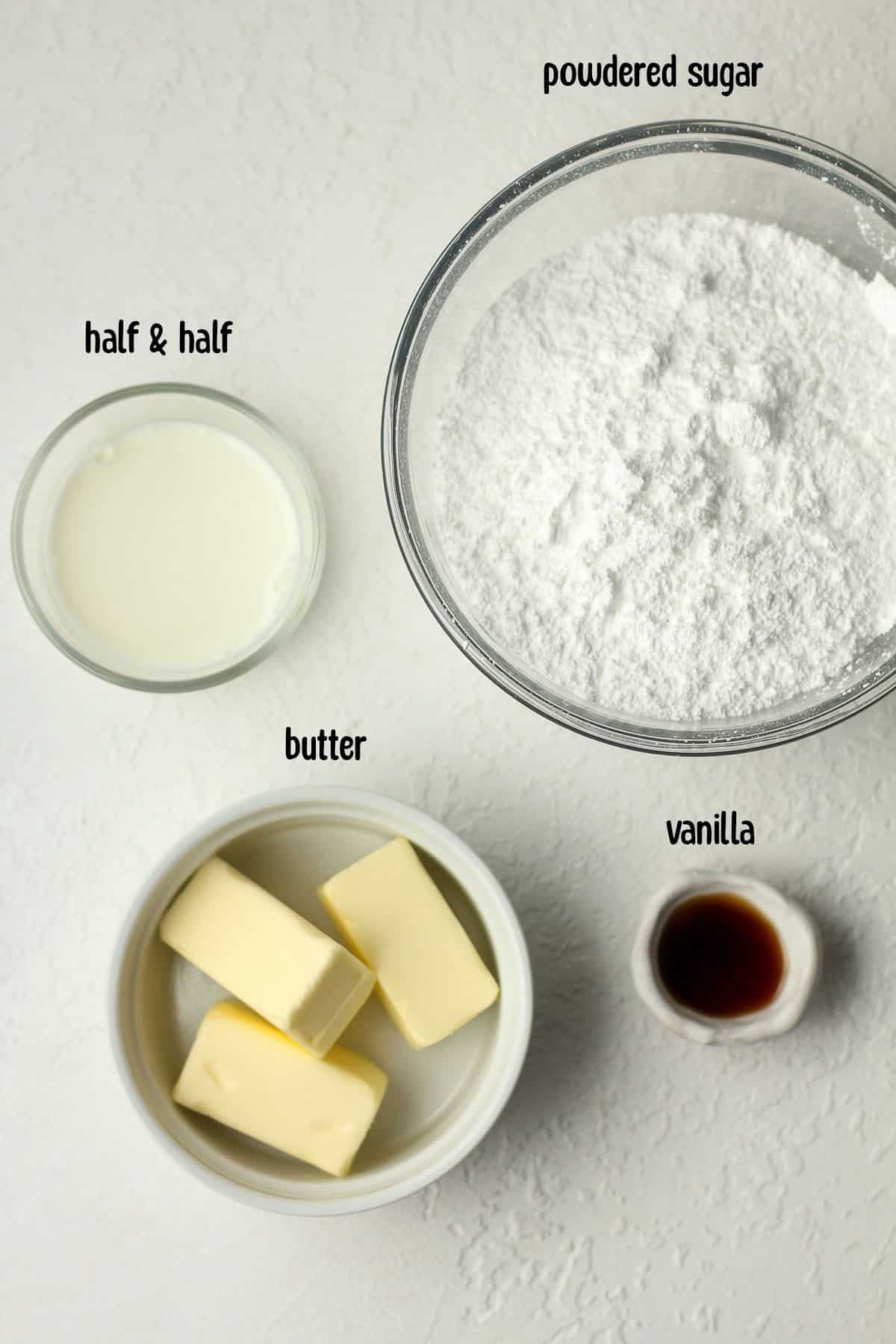 The labeled ingredients for the powdered sugar frosting.