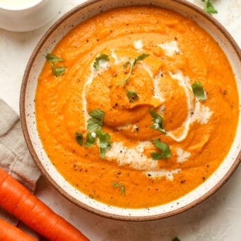 A bowl of the roasted carrot soup.