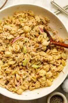 A large bowl of chickpea pasta salad with tuna.