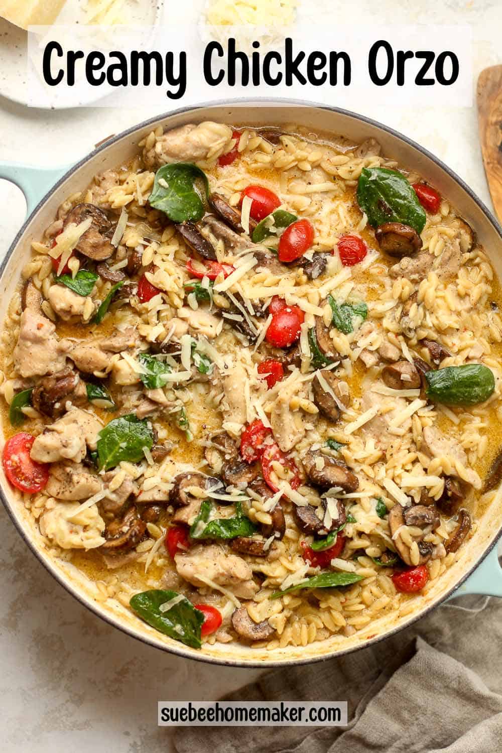 A large pot of the creamy chicken orzo with tomatoes and spinach.