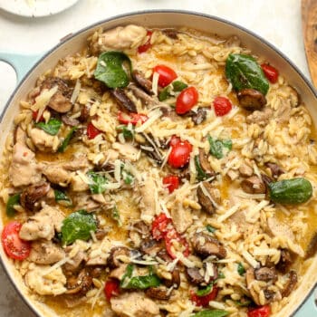 A closeup on a pot of creamy chicken orzo with spinach and tomatoes.