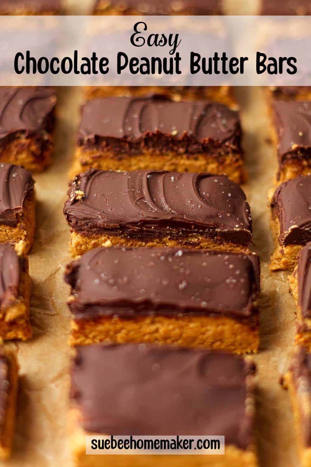 A side view of rows of peanut butter bars with Pinterest text.