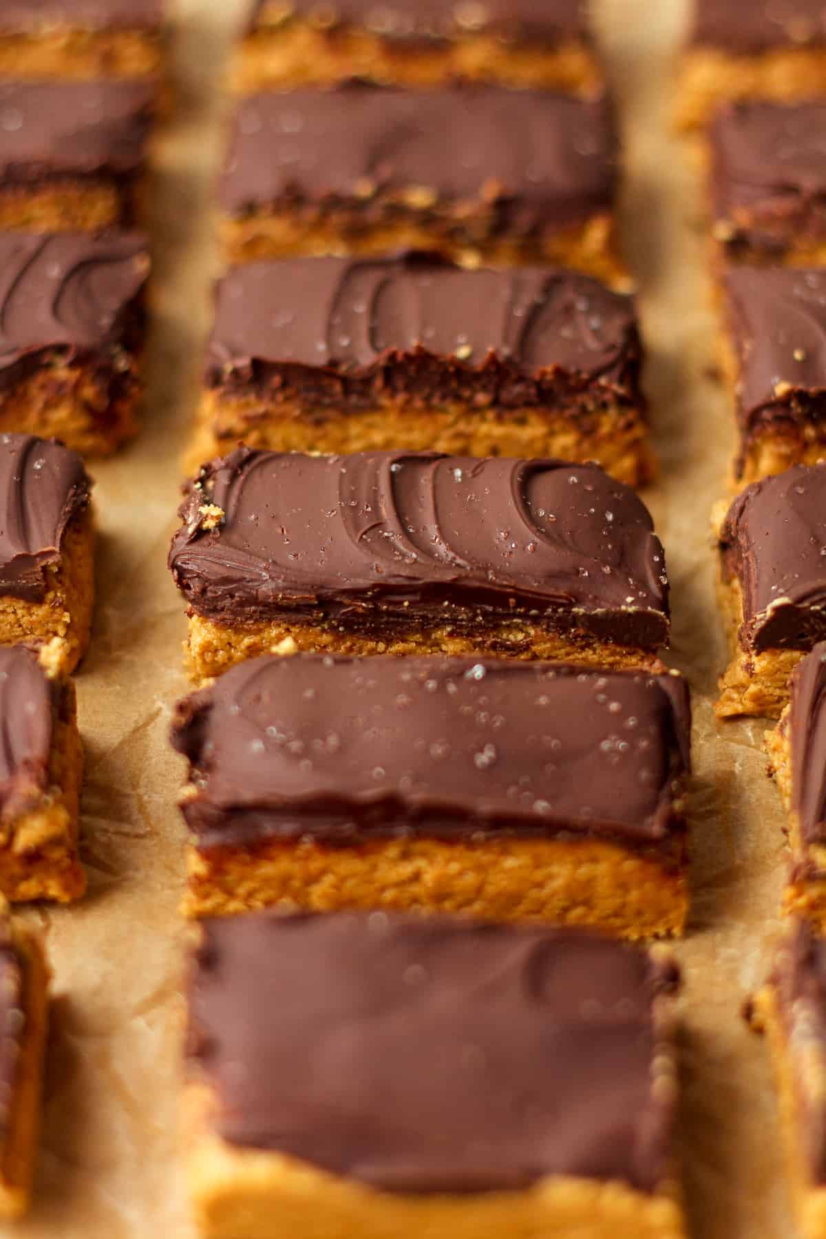 Side view of a row of no bake chocolate peanut butter bars.