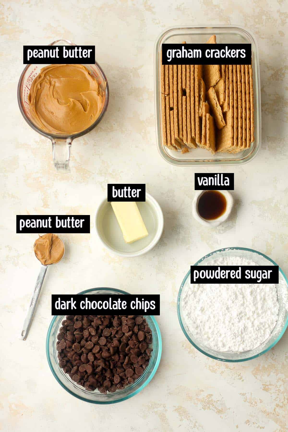 The ingredients for the chocolate peanut butter bars.