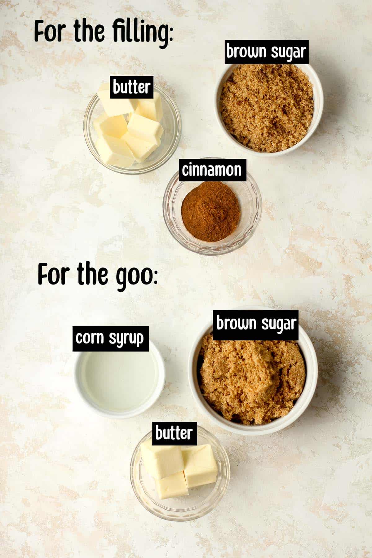 The labeled ingredients for the filling and the goo.