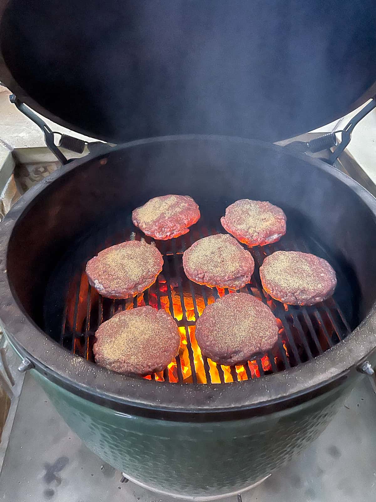 A bunch of burgers on our Big Green Egg grill.