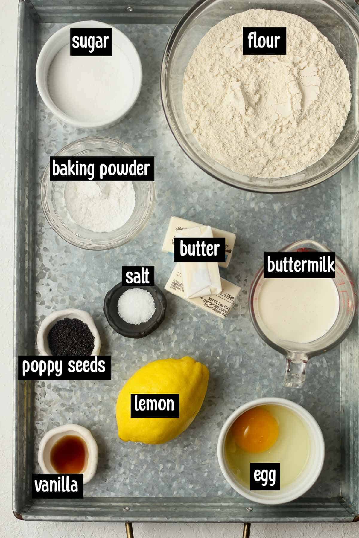 The ingredients (labeled) for the lemon scones.