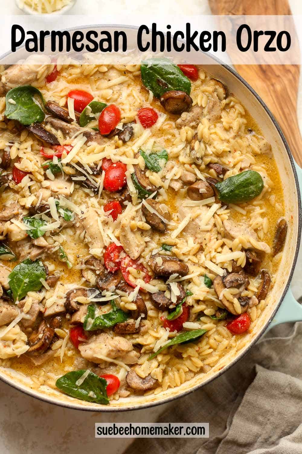 A closeup on a pot of parmesan chicken orzo skillet.