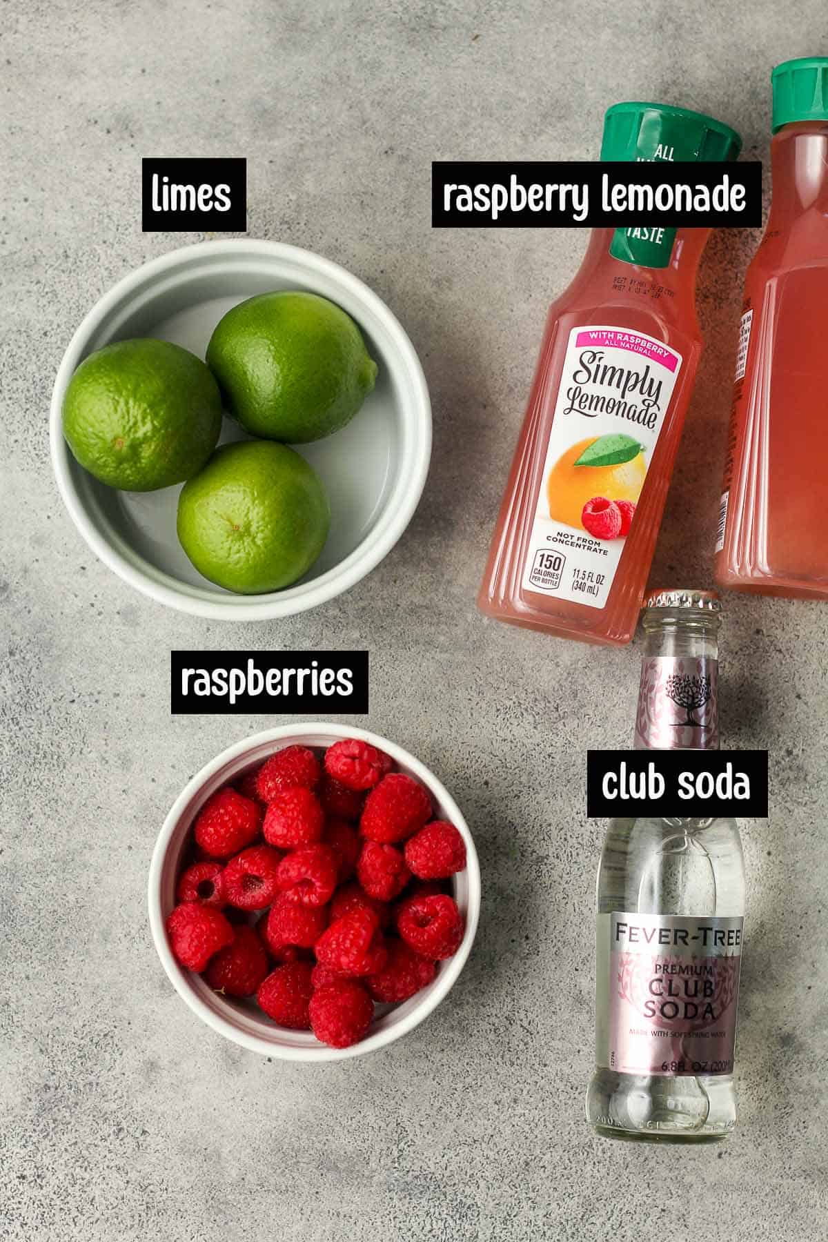 A shot of the mocktail ingredients, labeled.